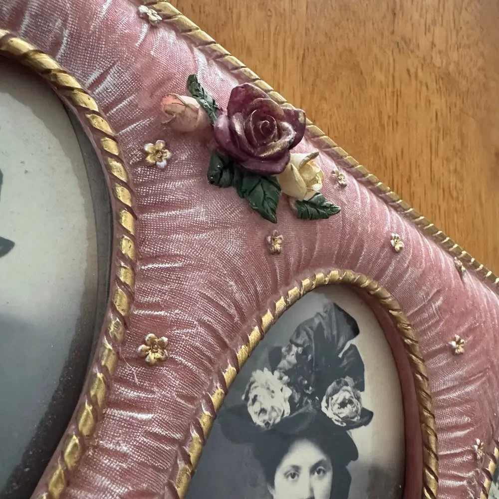 Vintage 1980s Pink 3D Roses Floral Victorian 3 Slot Photo Frame 7x14 Easel Back